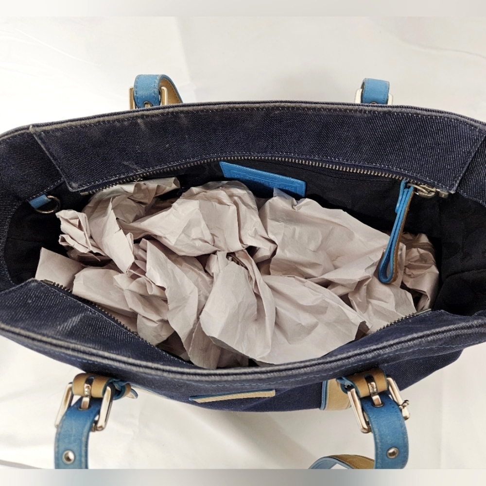 Coach Denim Hampton Large Tote Bag, Tan Blue Leather Handles - Picture 14 of 16